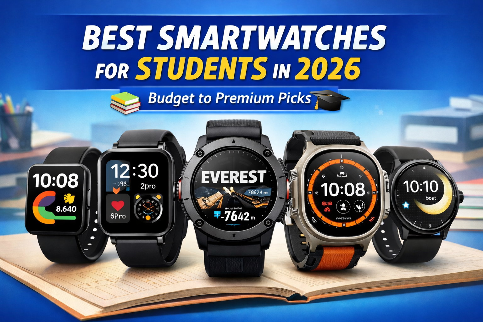 Best smartwatches for students in 2026 — budget to premium smartwatch picks displayed on a book with a classroom background.