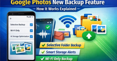 Google Photos new backup feature showing selective backup, Wi-Fi only upload, and smart storage optimization options with icons and folders.
