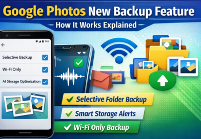 Google Photos new backup feature showing selective backup, Wi-Fi only upload, and smart storage optimization options with icons and folders.