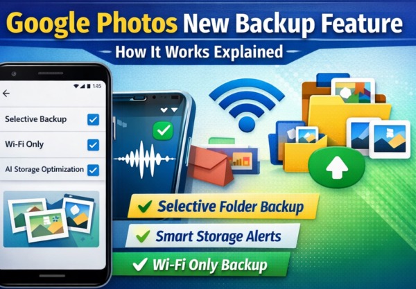 Google Photos new backup feature showing selective backup, Wi-Fi only upload, and smart storage optimization options with icons and folders.