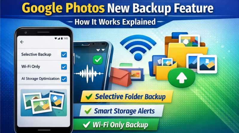 Google Photos new backup feature showing selective backup, Wi-Fi only upload, and smart storage optimization options with icons and folders.