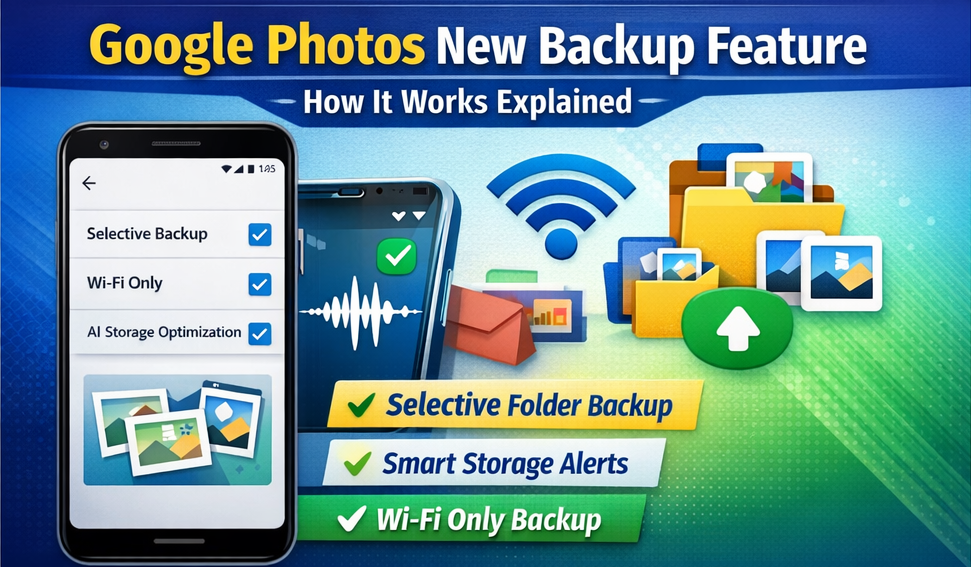 Google Photos new backup feature showing selective backup, Wi-Fi only upload, and smart storage optimization options with icons and folders.