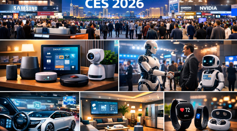 CES 2026 technology exhibition in Las Vegas showcasing AI innovations, smart home devices, robotics, autonomous vehicles, and wearable tech.