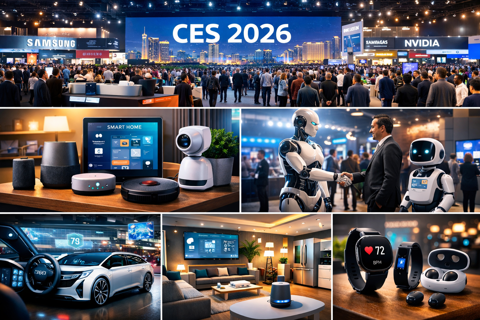 CES 2026 technology exhibition in Las Vegas showcasing AI innovations, smart home devices, robotics, autonomous vehicles, and wearable tech.