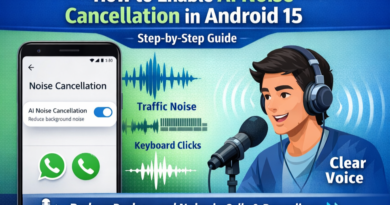 AI Noise Cancellation feature in Android 15 showing step-by-step guide with soundwave graphics and a person speaking into a microphone with clear voice output.
