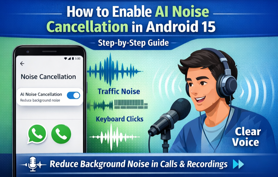 AI Noise Cancellation feature in Android 15 showing step-by-step guide with soundwave graphics and a person speaking into a microphone with clear voice output.
