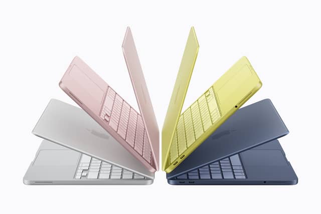 MacBook Neo colorful ultra-thin laptop lineup with pink, yellow, silver, and blue models in open display