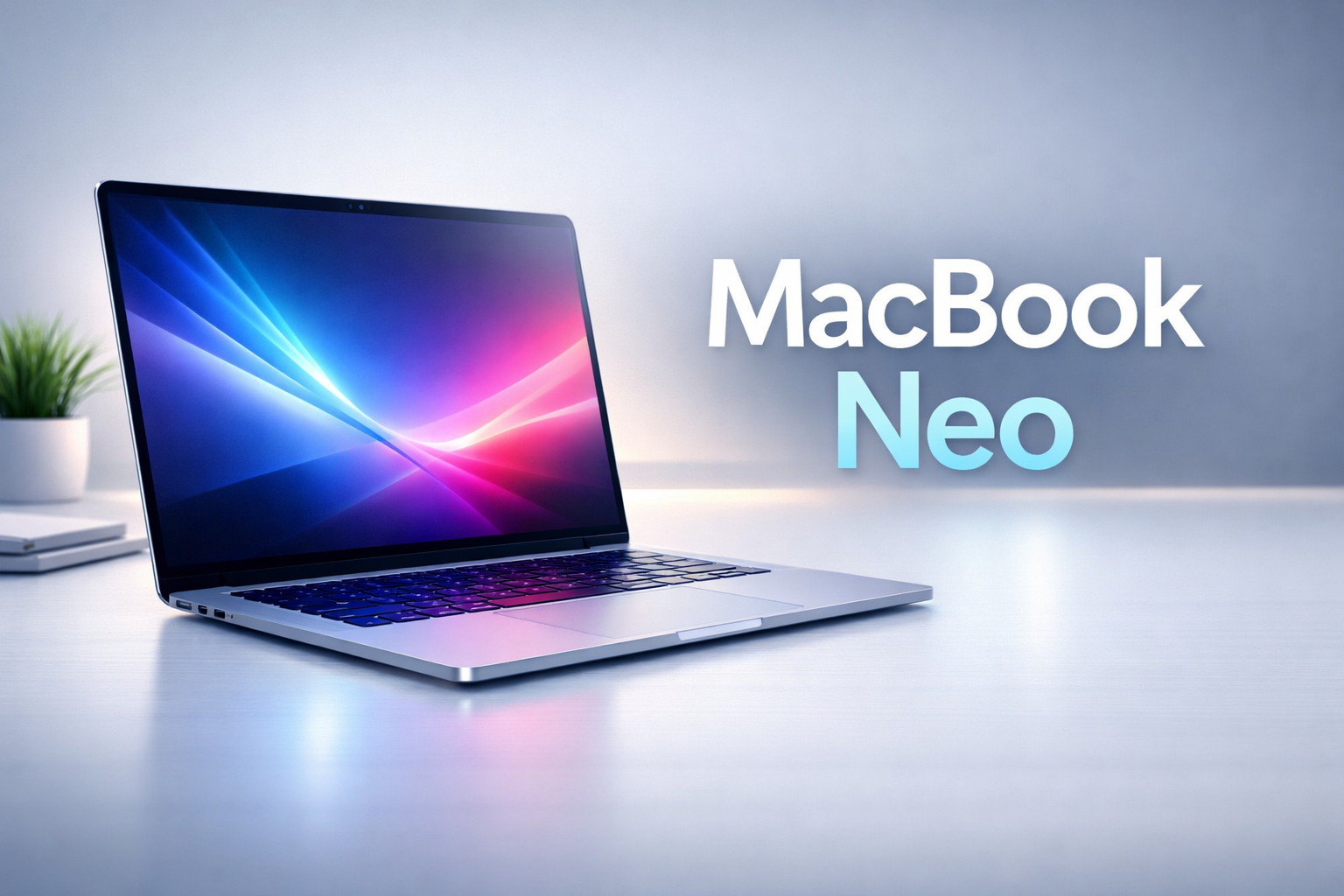 MacBook Neo concept ultra thin silver laptop on minimal desk