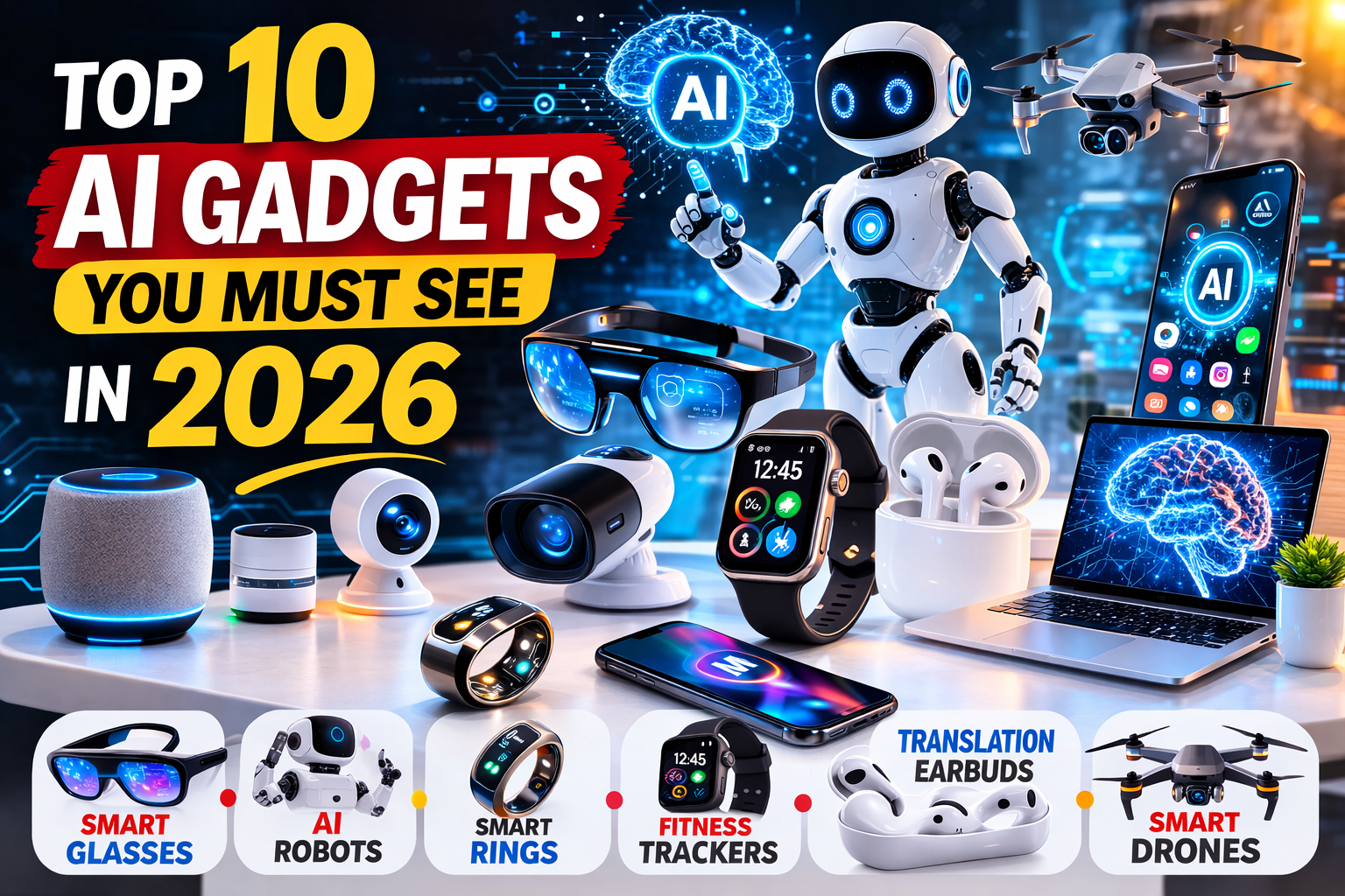 Top 10 AI gadgets in 2026 including smart glasses, AI robot, smartwatch, smart ring and drone technology