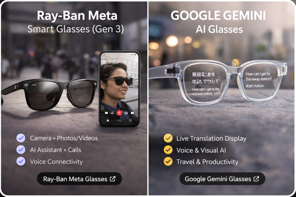 Ray-Ban Meta Smart Glasses Gen 3 vs Google Gemini AI Glasses 2026 comparison with camera features and live translation display
